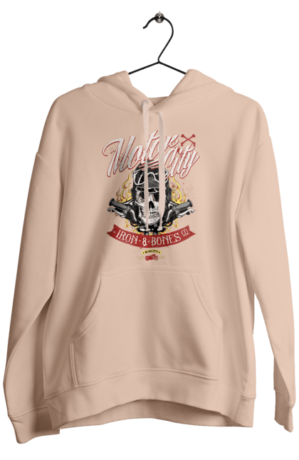 Men`s hoodie with prints Motor City. Skull, weapon. 2070702