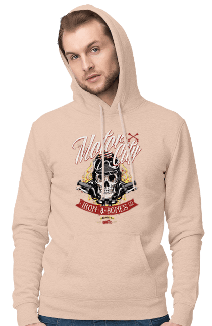 Men`s hoodie with prints Motor City. Skull, weapon. 2070702