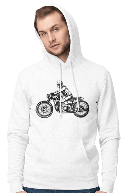 Чоловіче худі з принтом "Байкер на мотоциклі". Байкер, вінтаж, мото, ретро. 2070702