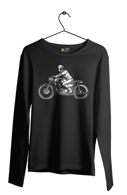 Чоловічий лонгслів з принтом "Байкер на мотоциклі". Байкер, вінтаж, мото, ретро. 2070702
