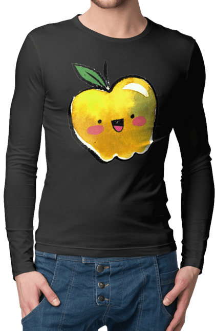 Чоловічий лонгслів з принтом "Миле жовте яблуко". Літо, миле, смайлик, яблуко. 2070702