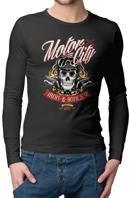 Чоловічий лонгслів з принтом "Мотор Сіті". Зброя, окуляри, череп. 2070702