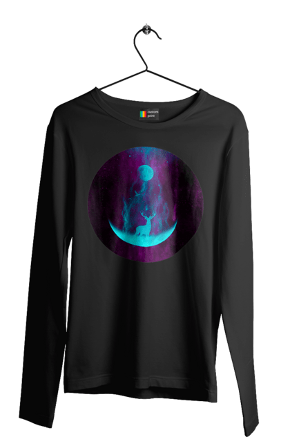 Чоловічий лонгслів з принтом "Олень Силует". Місяць, олень, рогам, силует, яскравий. 2070702