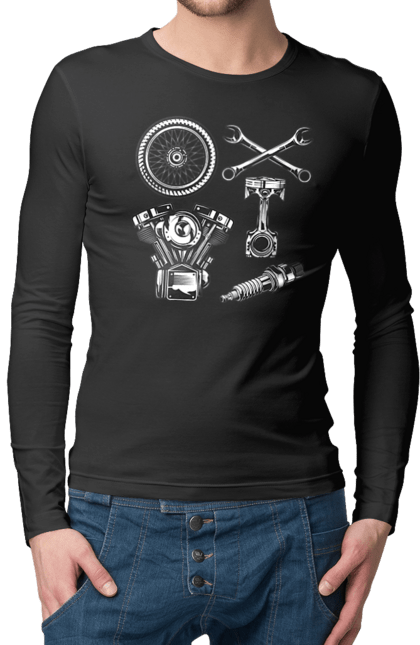 Чоловічий лонгслів з принтом "мото набір". Вінтаж, інструменти, мото, ретро. 2070702