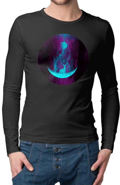 Чоловічий лонгслів з принтом "Олень Силует". Місяць, олень, рогам, силует, яскравий. 2070702