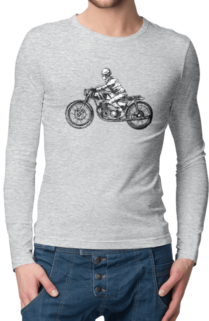 Чоловічий лонгслів з принтом "Байкер на мотоциклі". Байкер, вінтаж, мото, ретро. 2070702