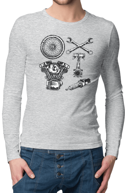 Чоловічий лонгслів з принтом "мото набір". Вінтаж, інструменти, мото, ретро. 2070702
