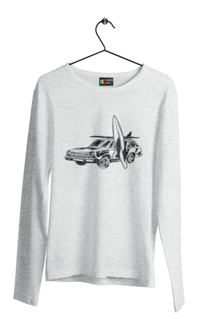 Чоловічий лонгслів з принтом "Машина з дошкою". Вінтаж, машина, ретро, серфінг. 2070702