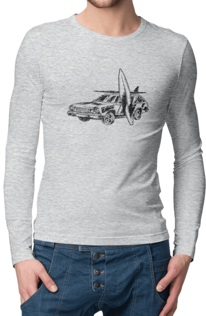 Чоловічий лонгслів з принтом "Машина з дошкою". Вінтаж, машина, ретро, серфінг. 2070702