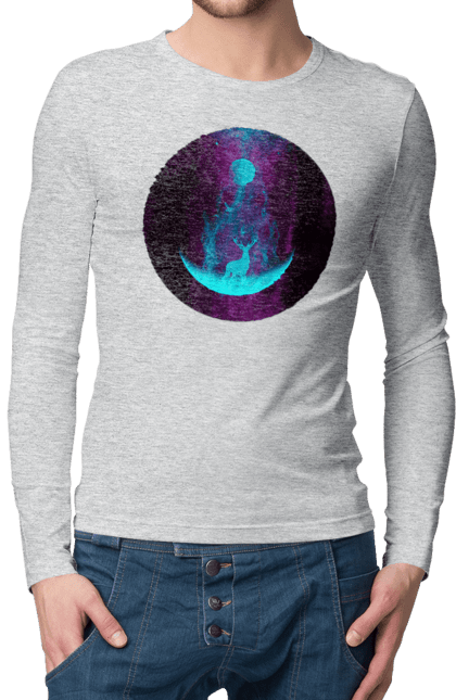 Чоловічий лонгслів з принтом "Олень Силует". Місяць, олень, рогам, силует, яскравий. 2070702