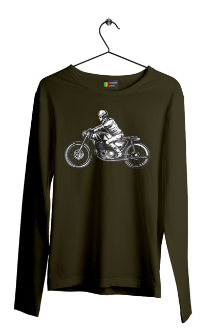Чоловічий лонгслів з принтом "Байкер на мотоциклі". Байкер, вінтаж, мото, ретро. 2070702