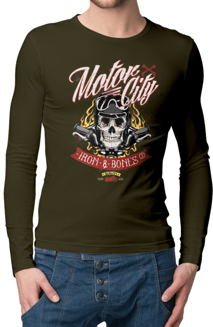 Чоловічий лонгслів з принтом "Мотор Сіті". Зброя, окуляри, череп. 2070702