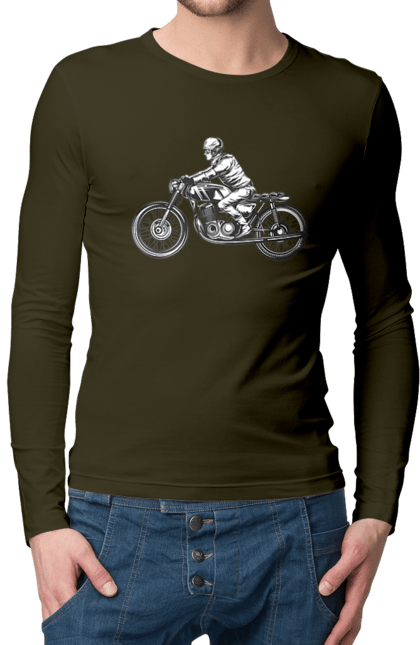 Чоловічий лонгслів з принтом "Байкер на мотоциклі". Байкер, вінтаж, мото, ретро. 2070702