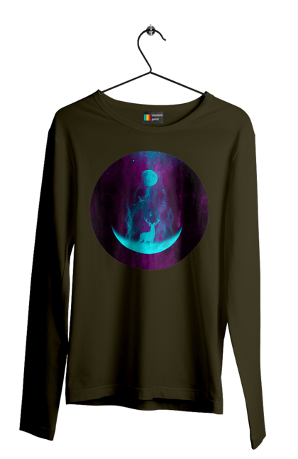 Чоловічий лонгслів з принтом "Олень Силует". Місяць, олень, рогам, силует, яскравий. 2070702