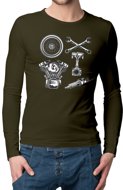 Чоловічий лонгслів з принтом "мото набір". Вінтаж, інструменти, мото, ретро. 2070702