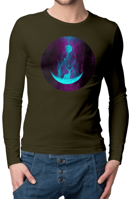 Чоловічий лонгслів з принтом "Олень Силует". Місяць, олень, рогам, силует, яскравий. 2070702