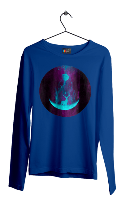 Чоловічий лонгслів з принтом "Олень Силует". Місяць, олень, рогам, силует, яскравий. 2070702