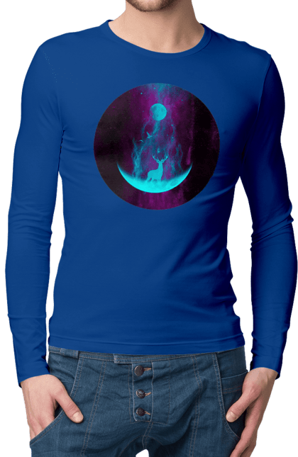 Чоловічий лонгслів з принтом "Олень Силует". Місяць, олень, рогам, силует, яскравий. 2070702