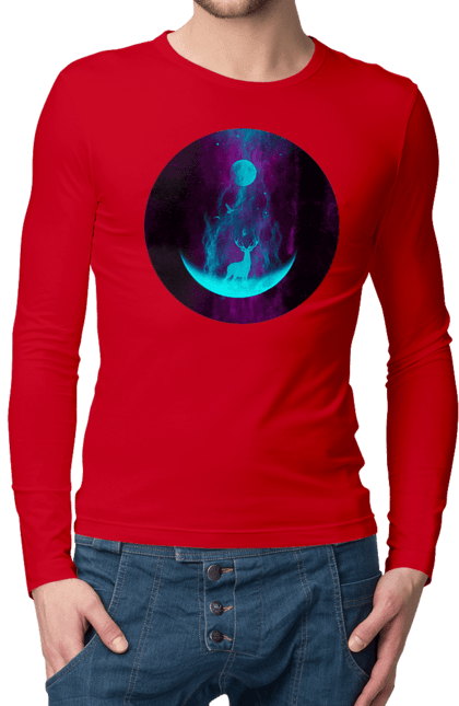 Men`s longsleeve with prints Deer Silhouette. Bright, deer, month, roham, silhouette. 2070702