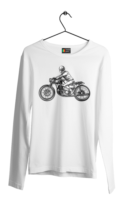 Чоловічий лонгслів з принтом "Байкер на мотоциклі". Байкер, вінтаж, мото, ретро. 2070702