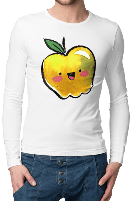 Чоловічий лонгслів з принтом "Миле жовте яблуко". Літо, миле, смайлик, яблуко. 2070702