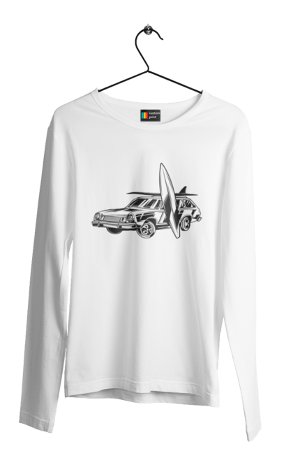 Чоловічий лонгслів з принтом "Машина з дошкою". Вінтаж, машина, ретро, серфінг. 2070702