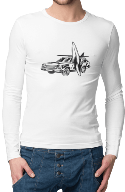 Чоловічий лонгслів з принтом "Машина з дошкою". Вінтаж, машина, ретро, серфінг. 2070702