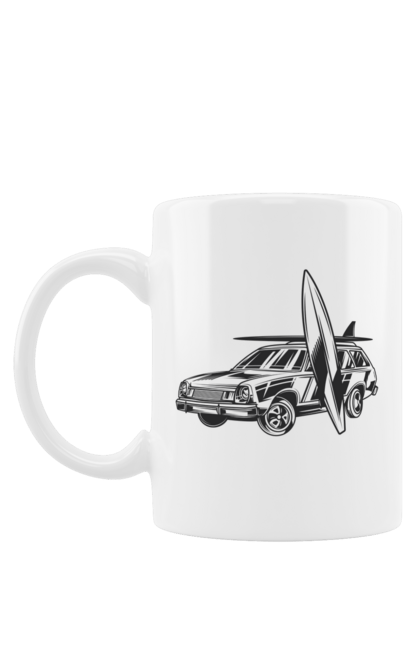 Чашка з принтом "Машина з дошкою". Вінтаж, машина, ретро, серфінг. 2070702