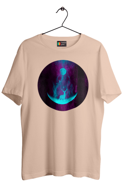 Футболка чоловіча з принтом "Олень Силует". Місяць, олень, рогам, силует, яскравий. 2070702