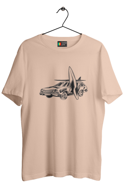 Футболка чоловіча з принтом "Машина з дошкою". Вінтаж, машина, ретро, серфінг. 2070702