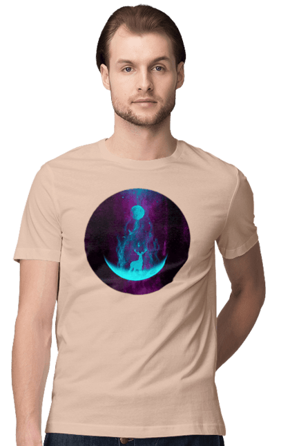 Футболка чоловіча з принтом "Олень Силует". Місяць, олень, рогам, силует, яскравий. 2070702