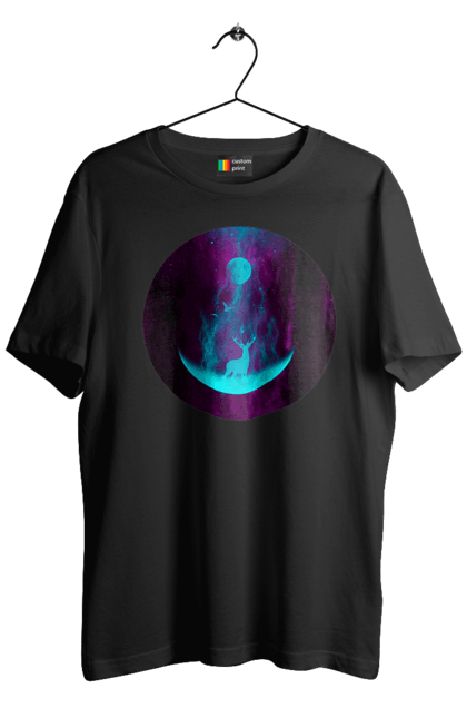 Футболка чоловіча з принтом "Олень Силует". Місяць, олень, рогам, силует, яскравий. 2070702