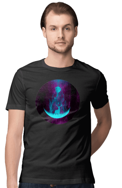 Футболка чоловіча з принтом "Олень Силует". Місяць, олень, рогам, силует, яскравий. 2070702