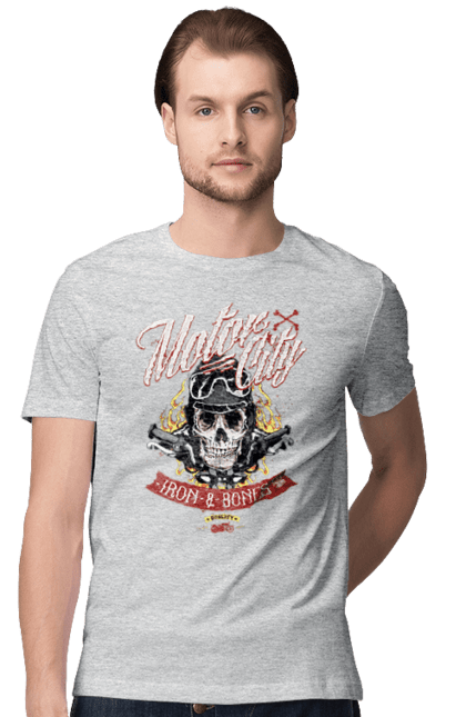 Футболка чоловіча з принтом "Мотор Сіті". Зброя, окуляри, череп. 2070702