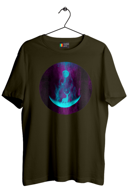 Футболка мужская с принтом Олень Силует. Луна, олень, рога, силует, яркий. 2070702