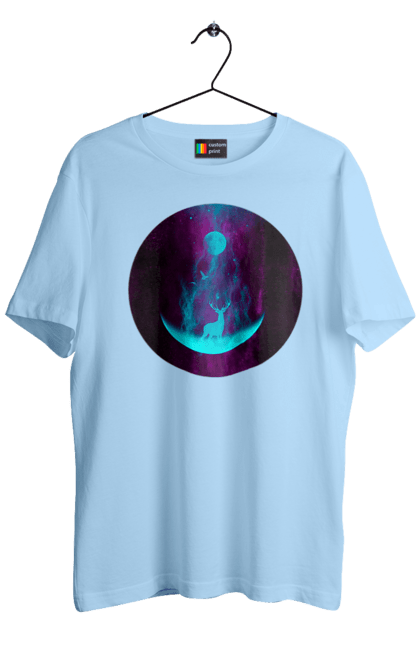 Футболка чоловіча з принтом "Олень Силует". Місяць, олень, рогам, силует, яскравий. 2070702