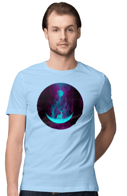 Футболка чоловіча з принтом "Олень Силует". Місяць, олень, рогам, силует, яскравий. 2070702