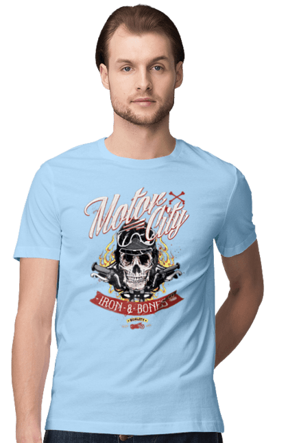 Футболка чоловіча з принтом "Мотор Сіті". Зброя, окуляри, череп. 2070702