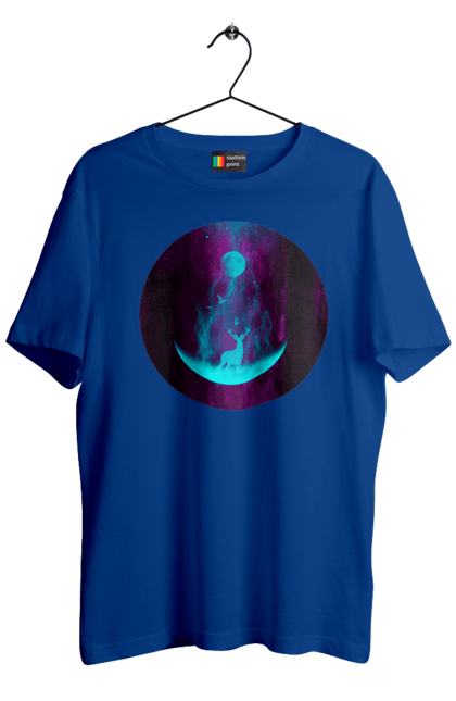 Футболка чоловіча з принтом "Олень Силует". Місяць, олень, рогам, силует, яскравий. 2070702