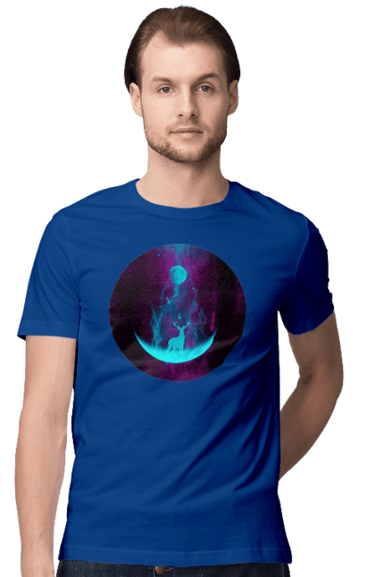 Футболка чоловіча з принтом "Олень Силует". Місяць, олень, рогам, силует, яскравий. 2070702