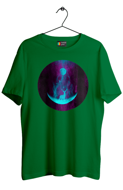 Футболка чоловіча з принтом "Олень Силует". Місяць, олень, рогам, силует, яскравий. 2070702