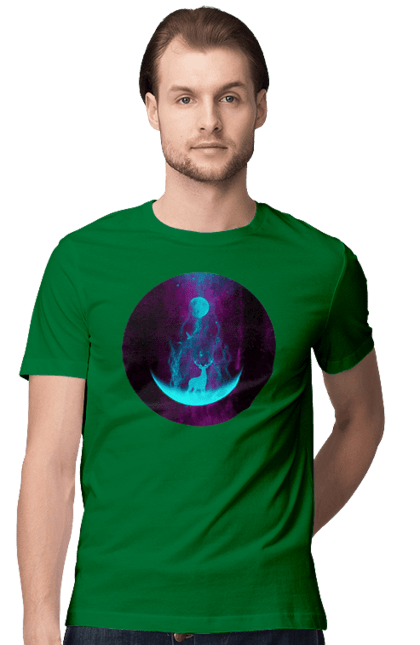 Футболка чоловіча з принтом "Олень Силует". Місяць, олень, рогам, силует, яскравий. 2070702