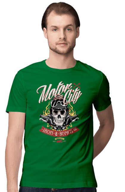 Футболка чоловіча з принтом "Мотор Сіті". Зброя, окуляри, череп. 2070702