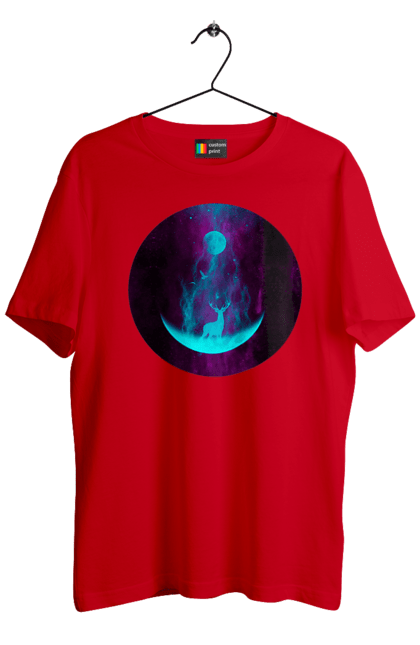 Футболка чоловіча з принтом "Олень Силует". Місяць, олень, рогам, силует, яскравий. 2070702