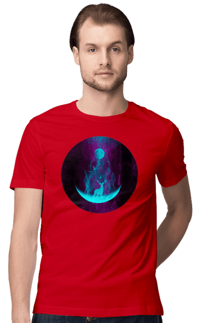 Футболка чоловіча з принтом "Олень Силует". Місяць, олень, рогам, силует, яскравий. 2070702