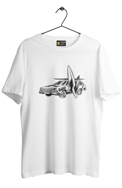 Футболка чоловіча з принтом "Машина з дошкою". Вінтаж, машина, ретро, серфінг. 2070702