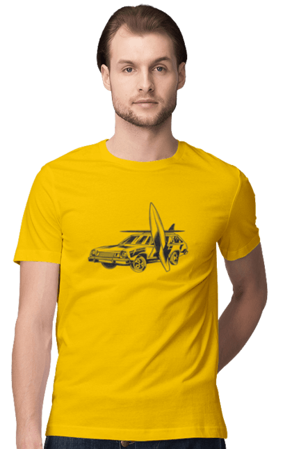 Футболка чоловіча з принтом "Машина з дошкою". Вінтаж, машина, ретро, серфінг. 2070702