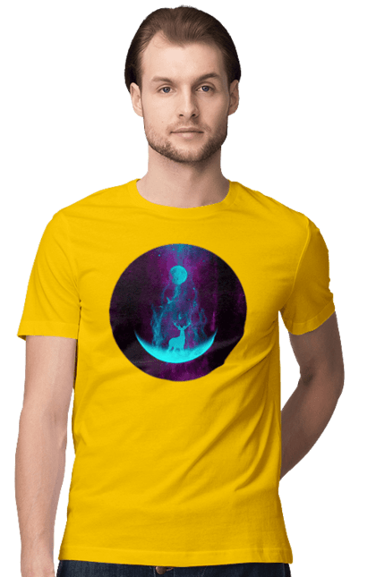 Футболка чоловіча з принтом "Олень Силует". Місяць, олень, рогам, силует, яскравий. 2070702