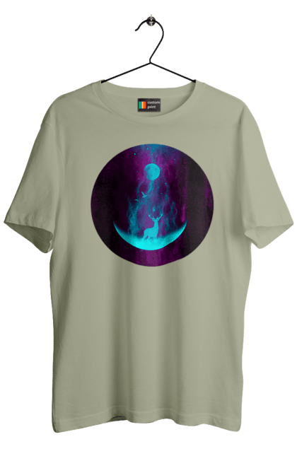 Футболка чоловіча з принтом "Олень Силует". Місяць, олень, рогам, силует, яскравий. 2070702