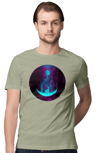 Футболка чоловіча з принтом "Олень Силует". Місяць, олень, рогам, силует, яскравий. 2070702